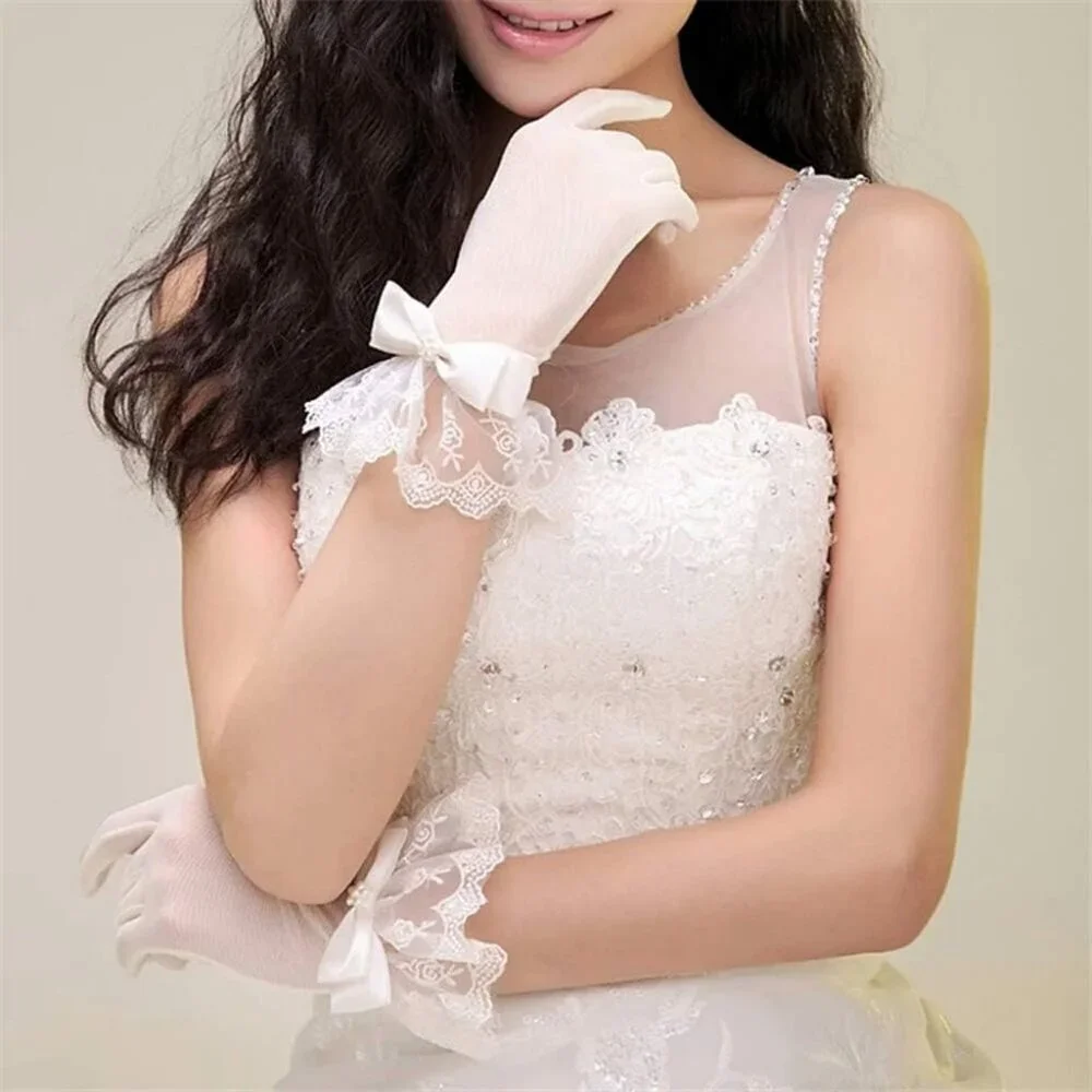 Women's Formal Floral Short Length Lace Wrist Bow Gloves Cream Wedding Costume